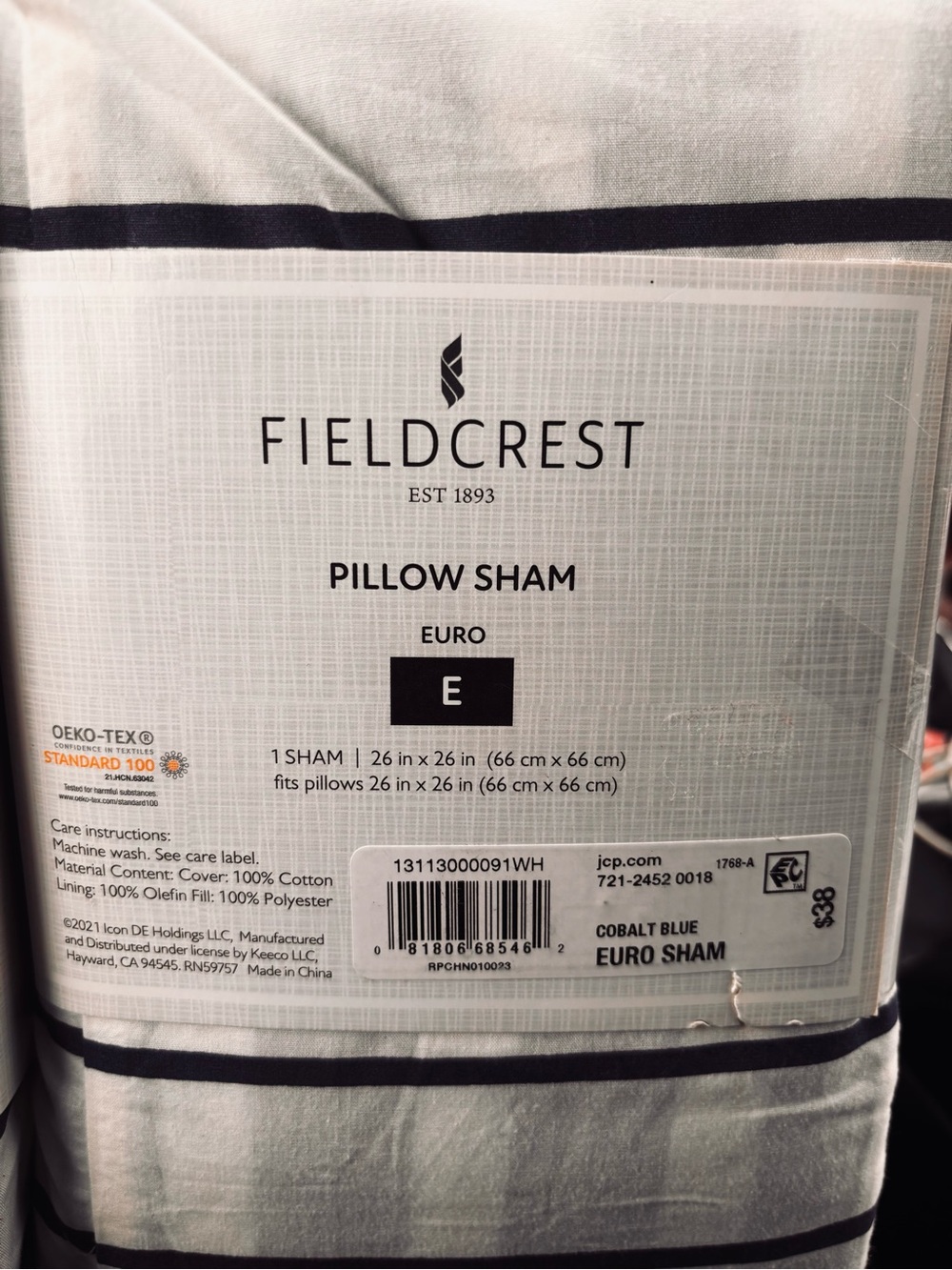 Fieldcrest Cobalt Blue and White Euro Pillow Sham set of 2